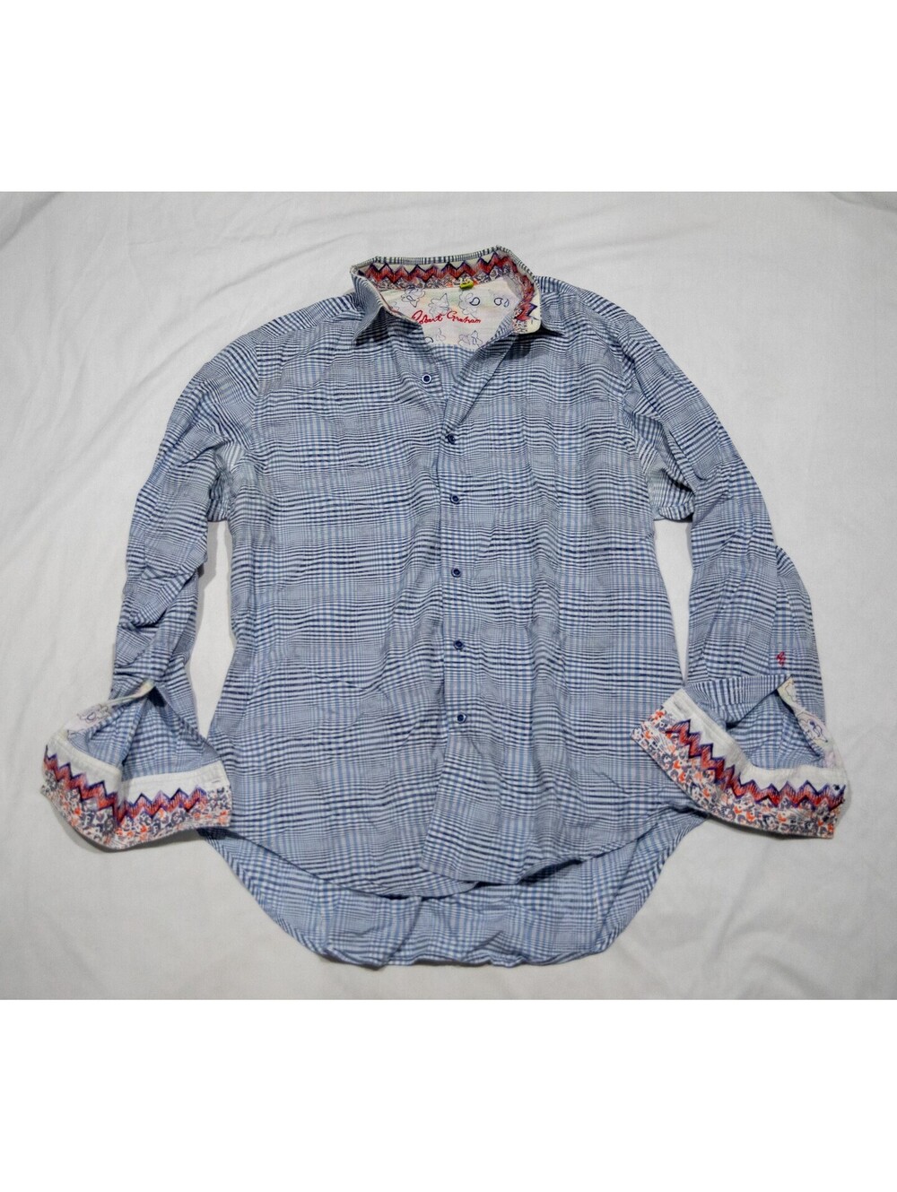 Robert Graham Flip Cuff Shirt Mens XL Blue Plaid Paisley Woven Cotton Geometric